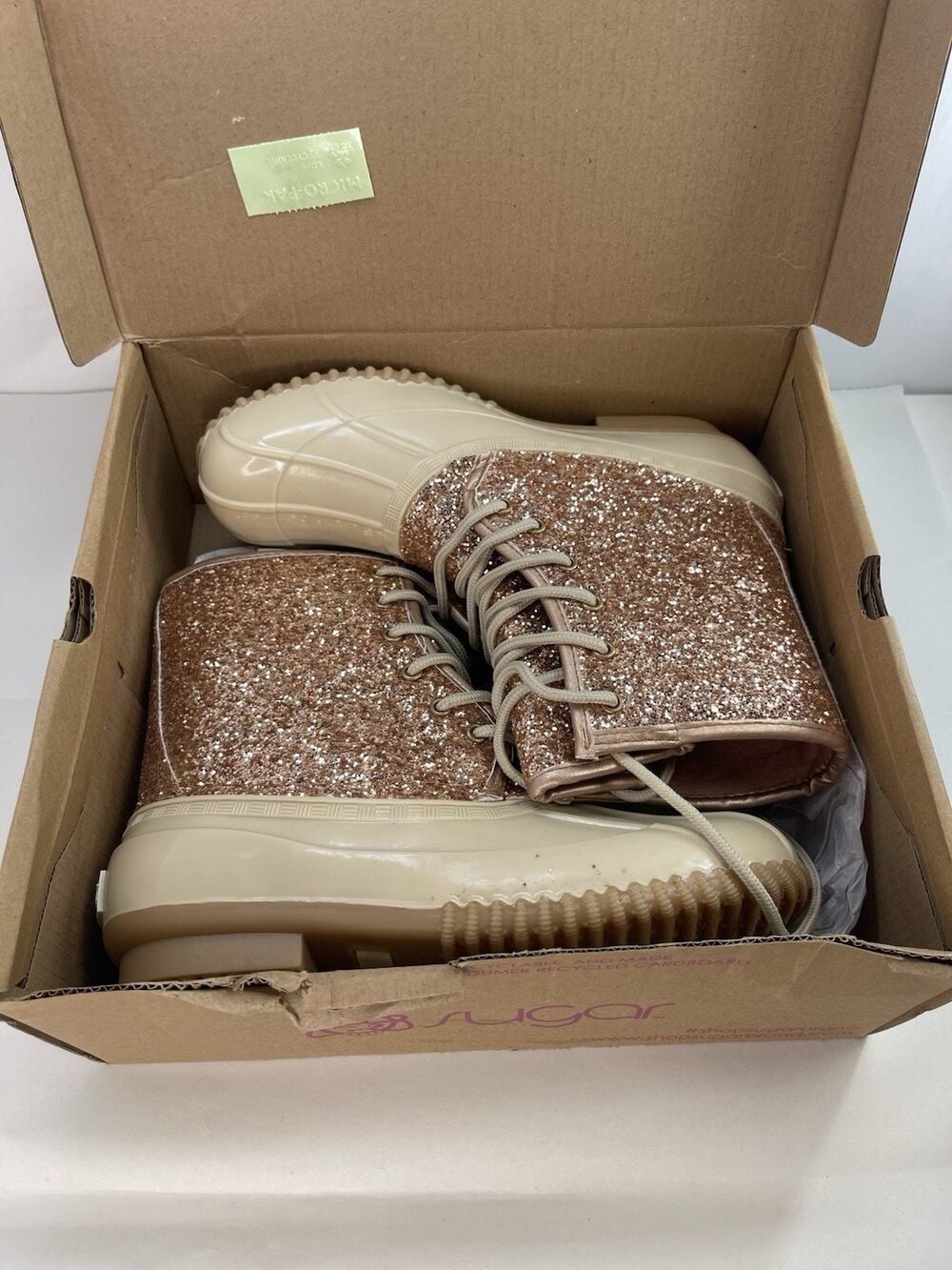 Sugar SGR-Skipper Women's Rose Gold Glitter Duck Boots Size 7M New In Box